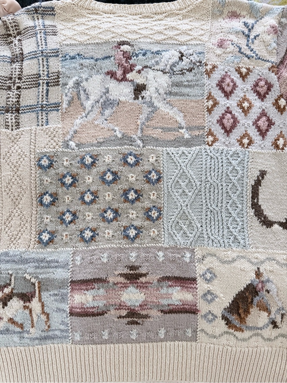 Vintage Y2K Ralph Lauren Beige Patchwork Horse-Print Crewneck Sweater - Picture 6 of 9